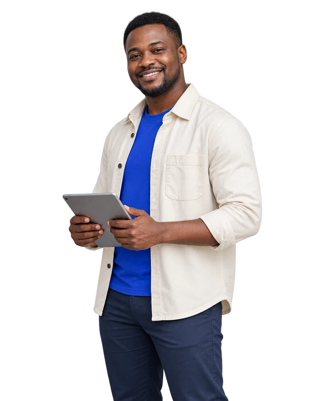 Man in an ivory overshirt holding a tablet.