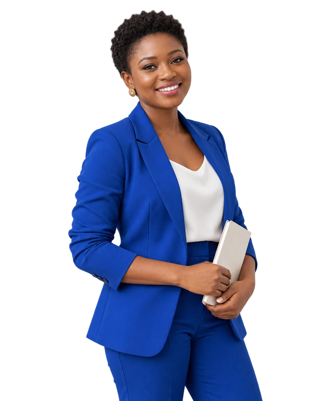 Woman in a blue blazer holding a notebook.