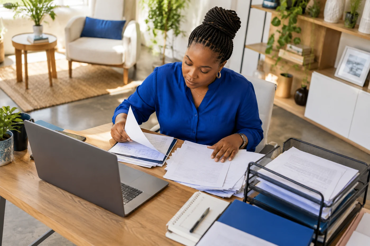 Business owner sorting repetitive paperwork beside a laptop and a neatly organised document tray.