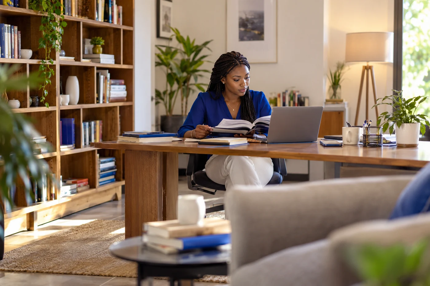 Researcher comparing a printed reference book with information on a laptop in a quiet office.