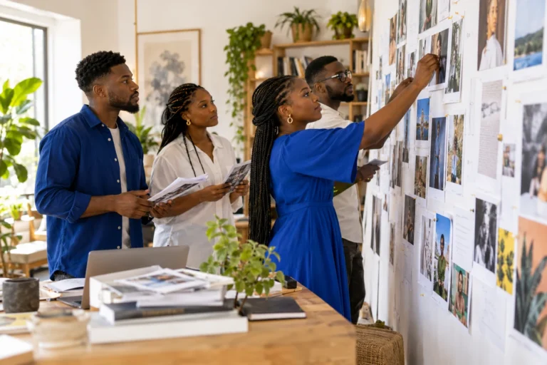 Content team pinning printed article drafts and photographs onto a studio planning wall.