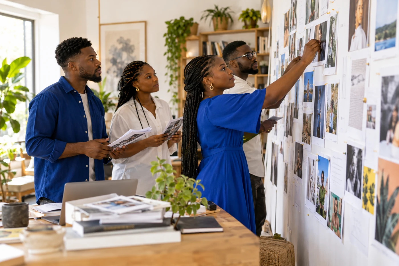 Content team pinning printed article drafts and photographs onto a studio planning wall.