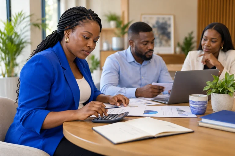 Businesswoman using a calculator to review marketing reports at a round meeting table.