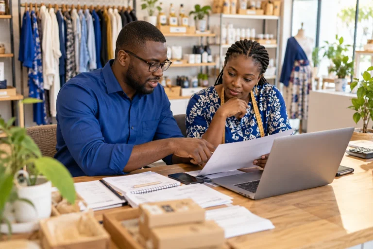 Developer and shop owner discussing a paper workflow beside a laptop in a small retail office.