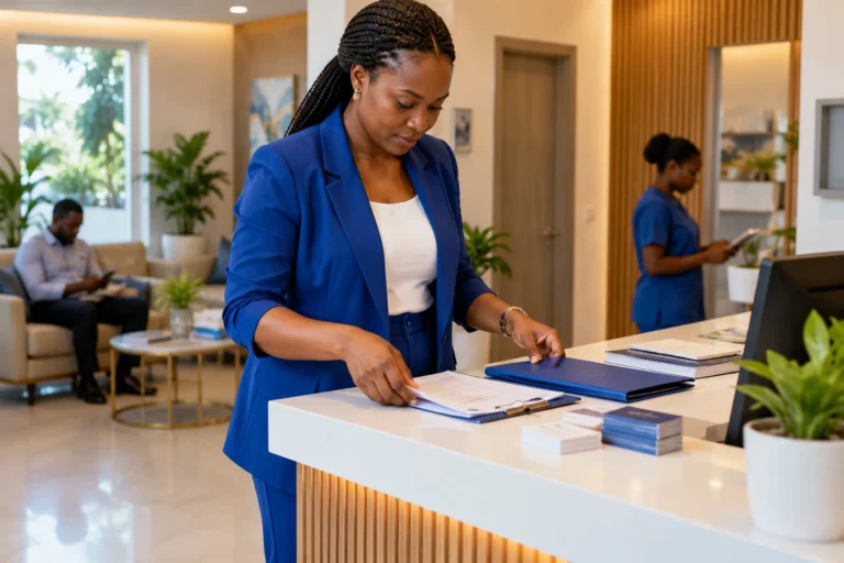 Clinic founder arranging a launch checklist, business cards and a blue folder on a reception counter.