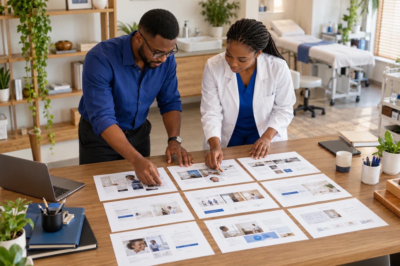 Designer and clinic owner arranging nine blank page-layout printouts on a large desk.