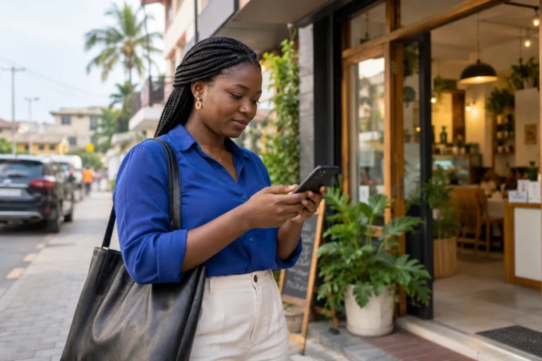Woman standing outside a neighbourhood business and checking directions on her smartphone.