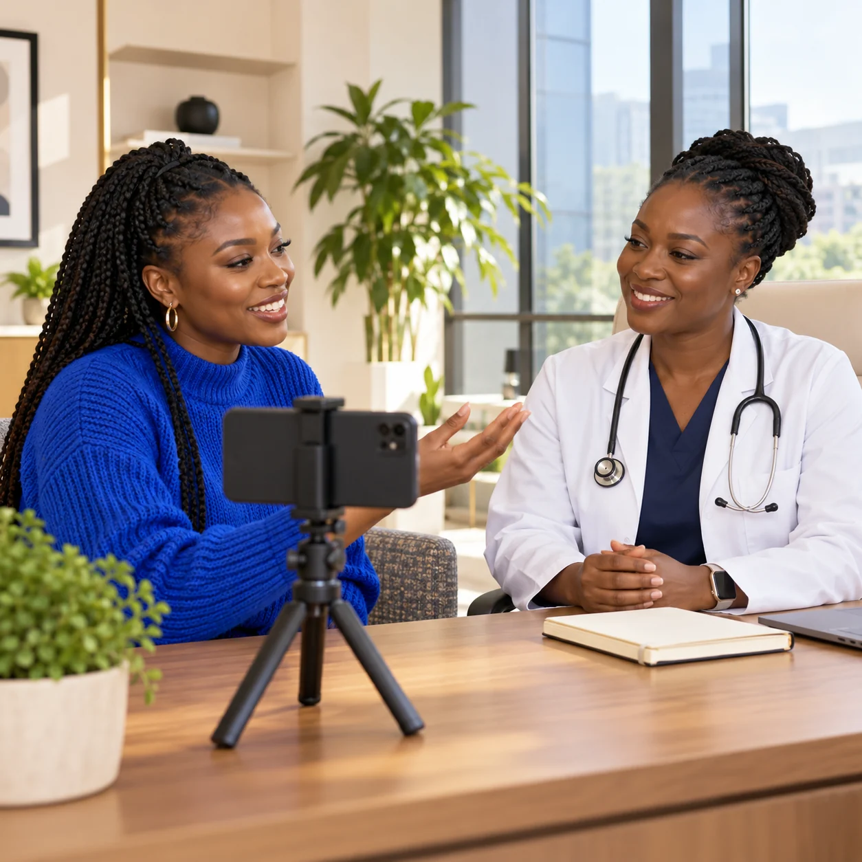 Content creator recording a conversation with a health professional on a smartphone.