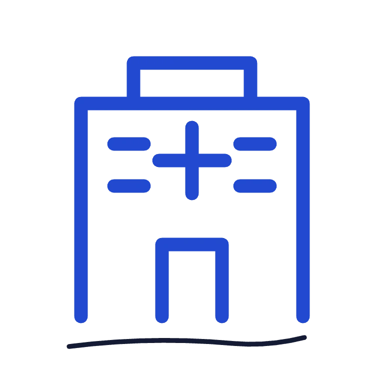 Hospital building with a medical cross.