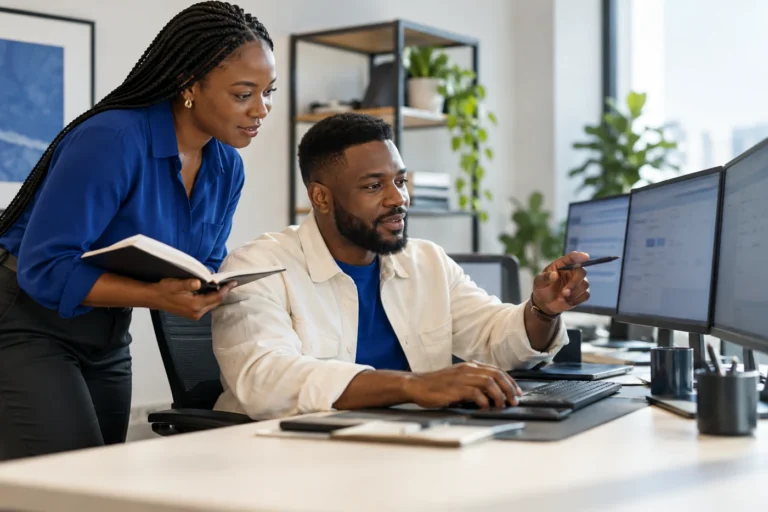 Two colleagues discussing a workflow at a desk with dual monitors.