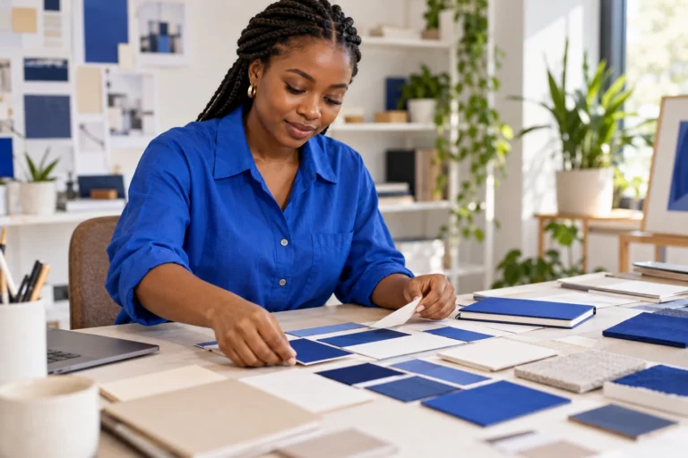 Designer arranging blue and cream colour swatches and blank stationery samples.