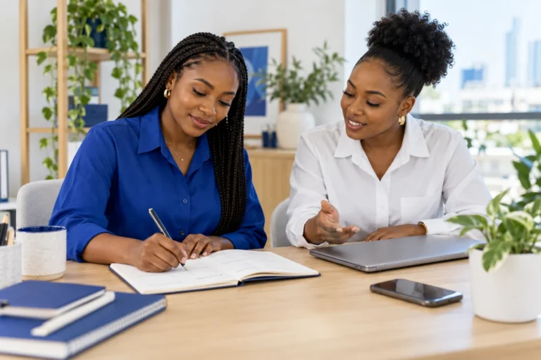 Two women discussing notes and writing in a paper planner at a bright desk.