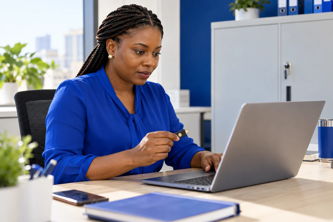 IT administrator holding a security key beside a laptop in a bright office.