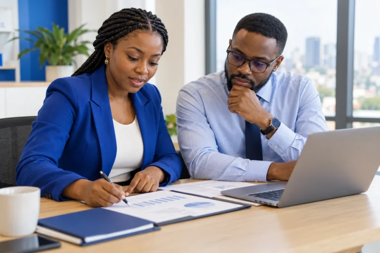 Two colleagues reviewing printed reports and a laptop at an office desk.
