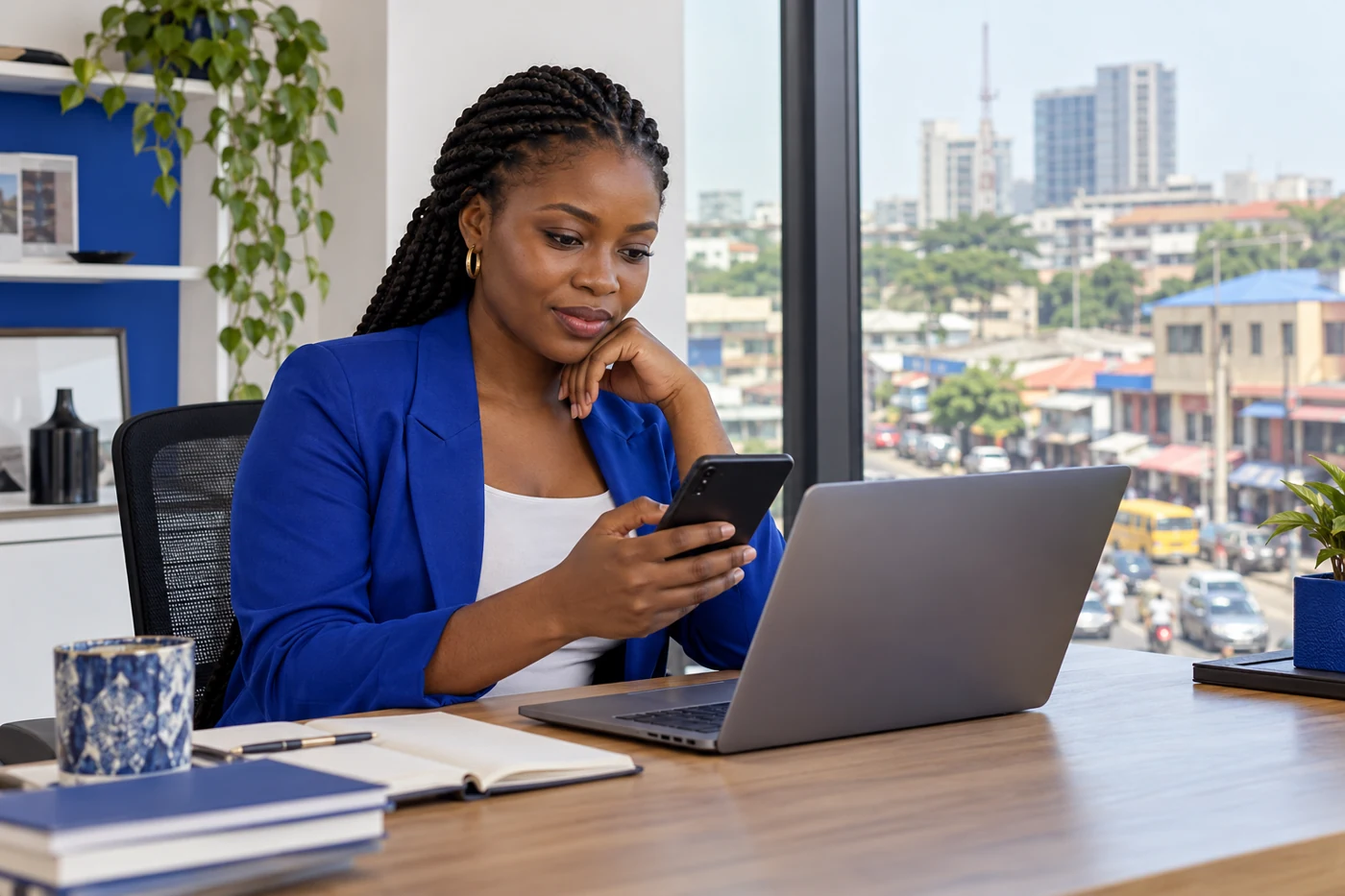 Business owner checking a smartphone beside a laptop overlooking a city street.