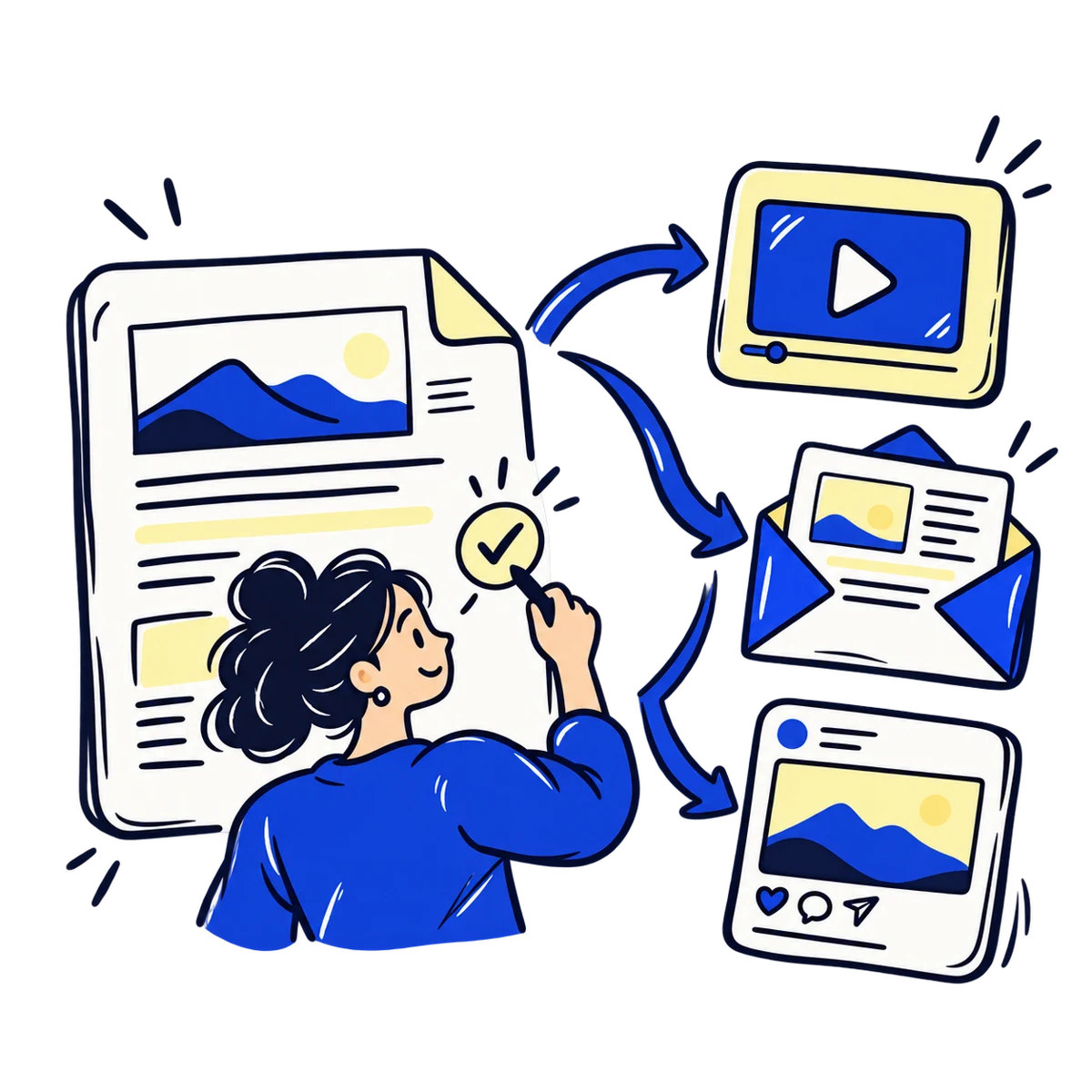 Hand-drawn content repurposing workflow turning one document into video, email and social content.