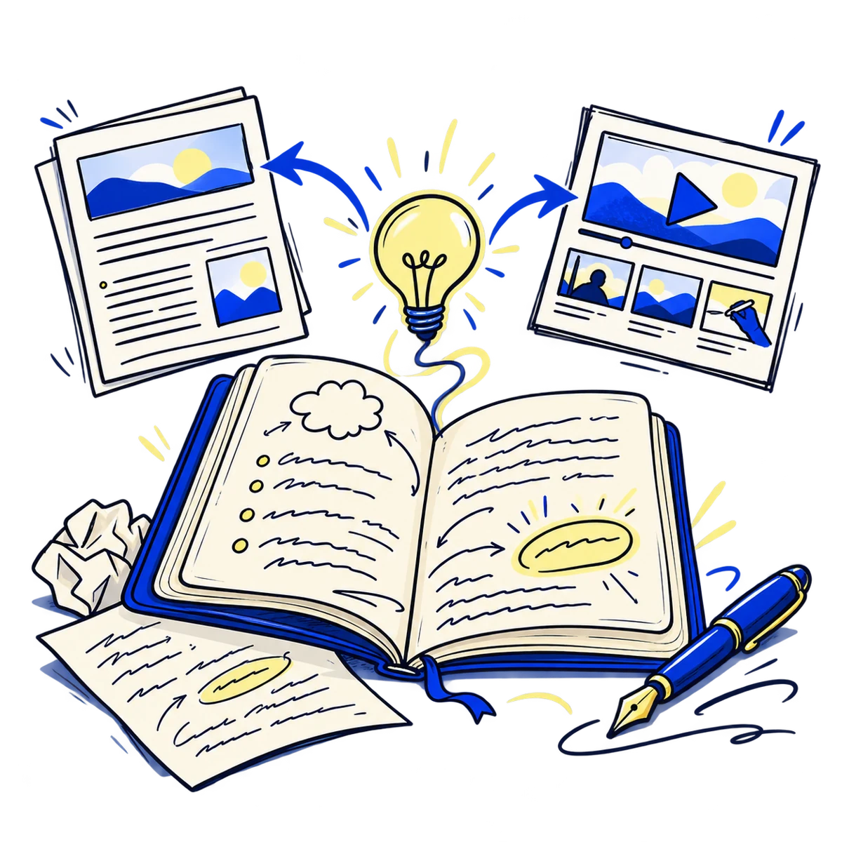 Hand-drawn notebook and pen developing an idea into an article and video storyboard.