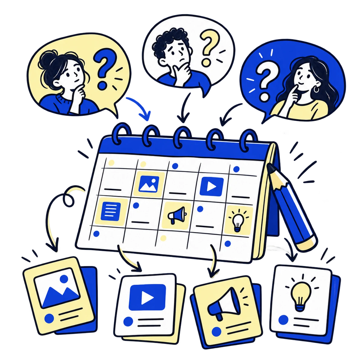 Illustrated editorial calendar connecting customer questions with planned content topics.
