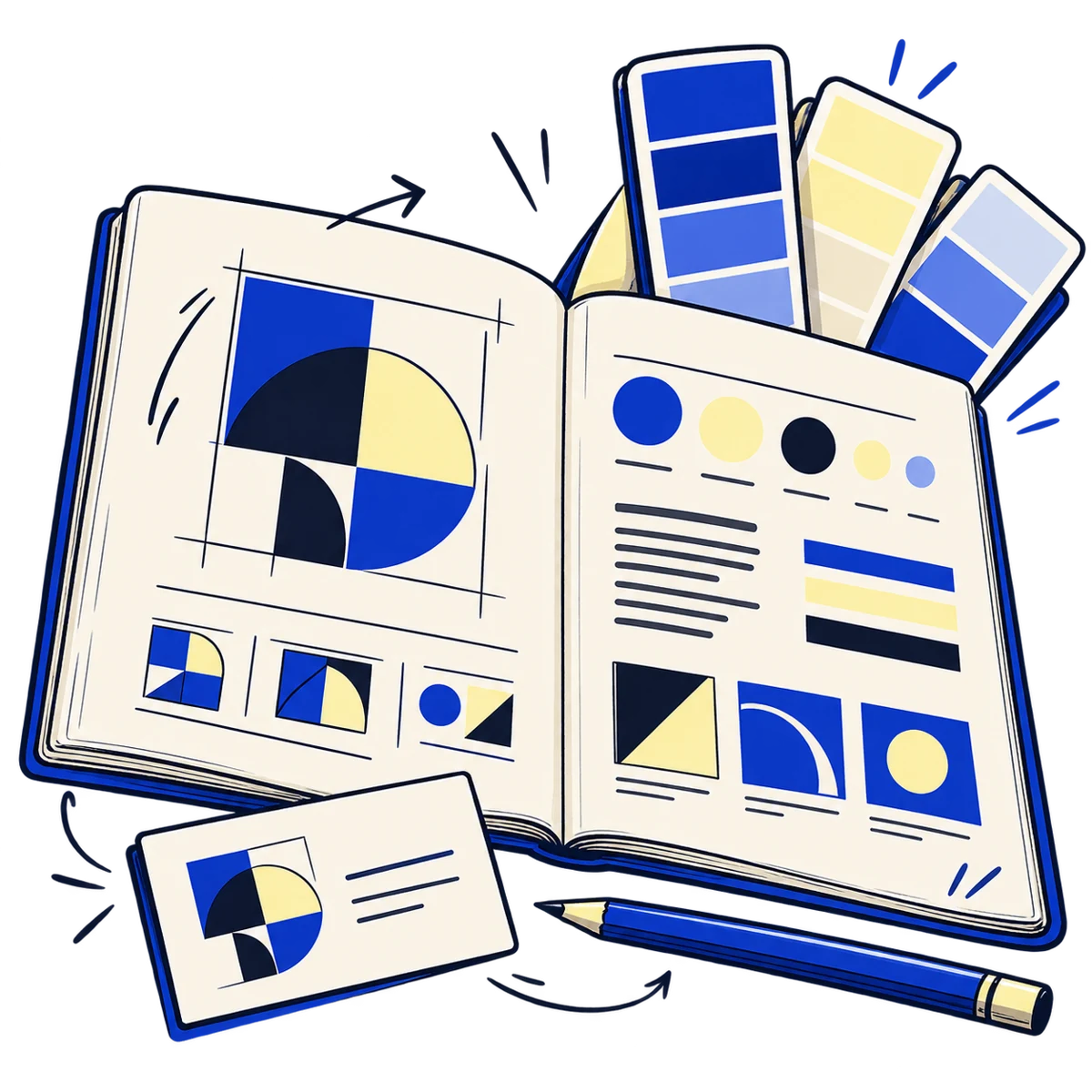 Hand-drawn brand design board with an abstract mark, colour swatches, business card and pencil.