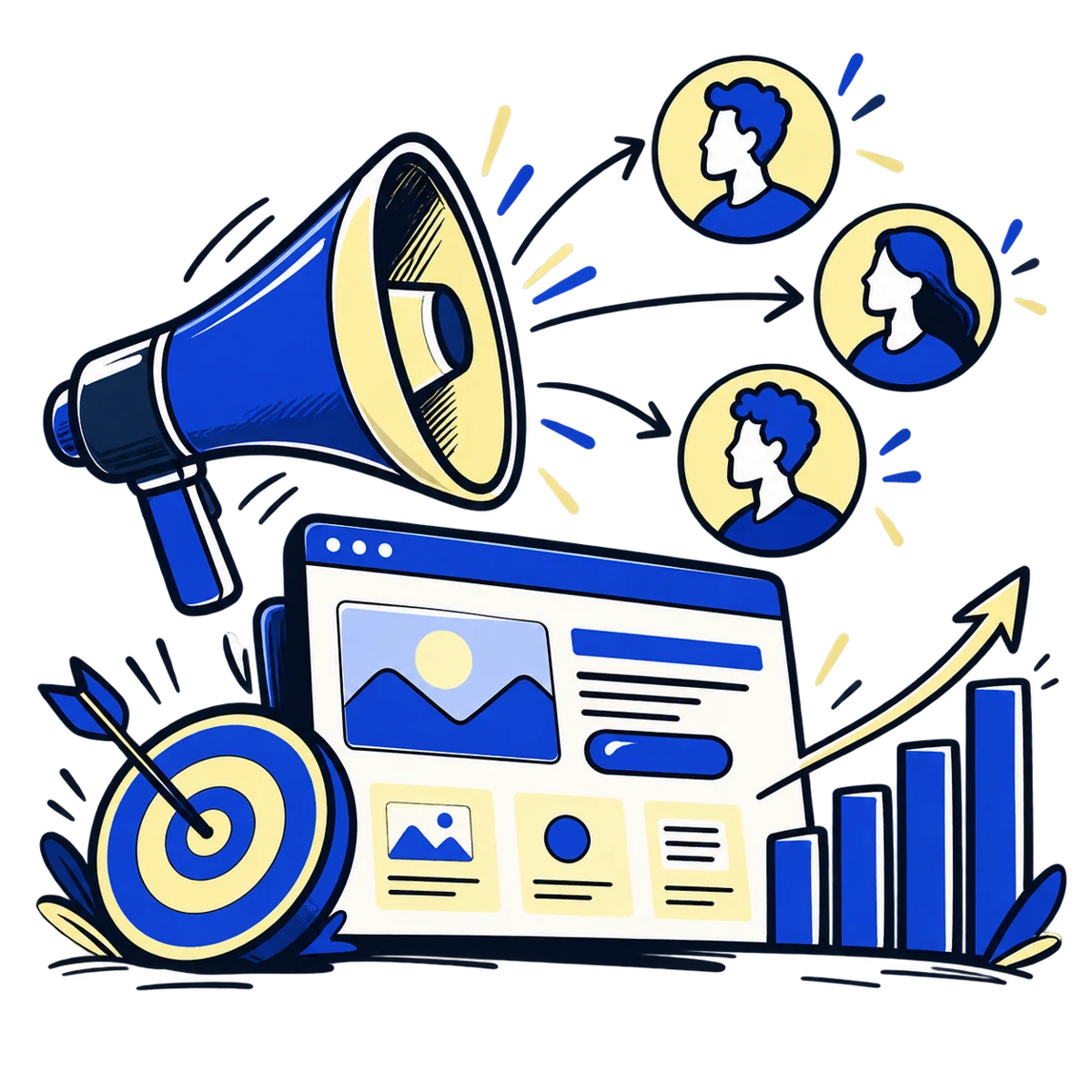 Illustrated marketing campaign with a megaphone, target audience, landing page and performance chart.