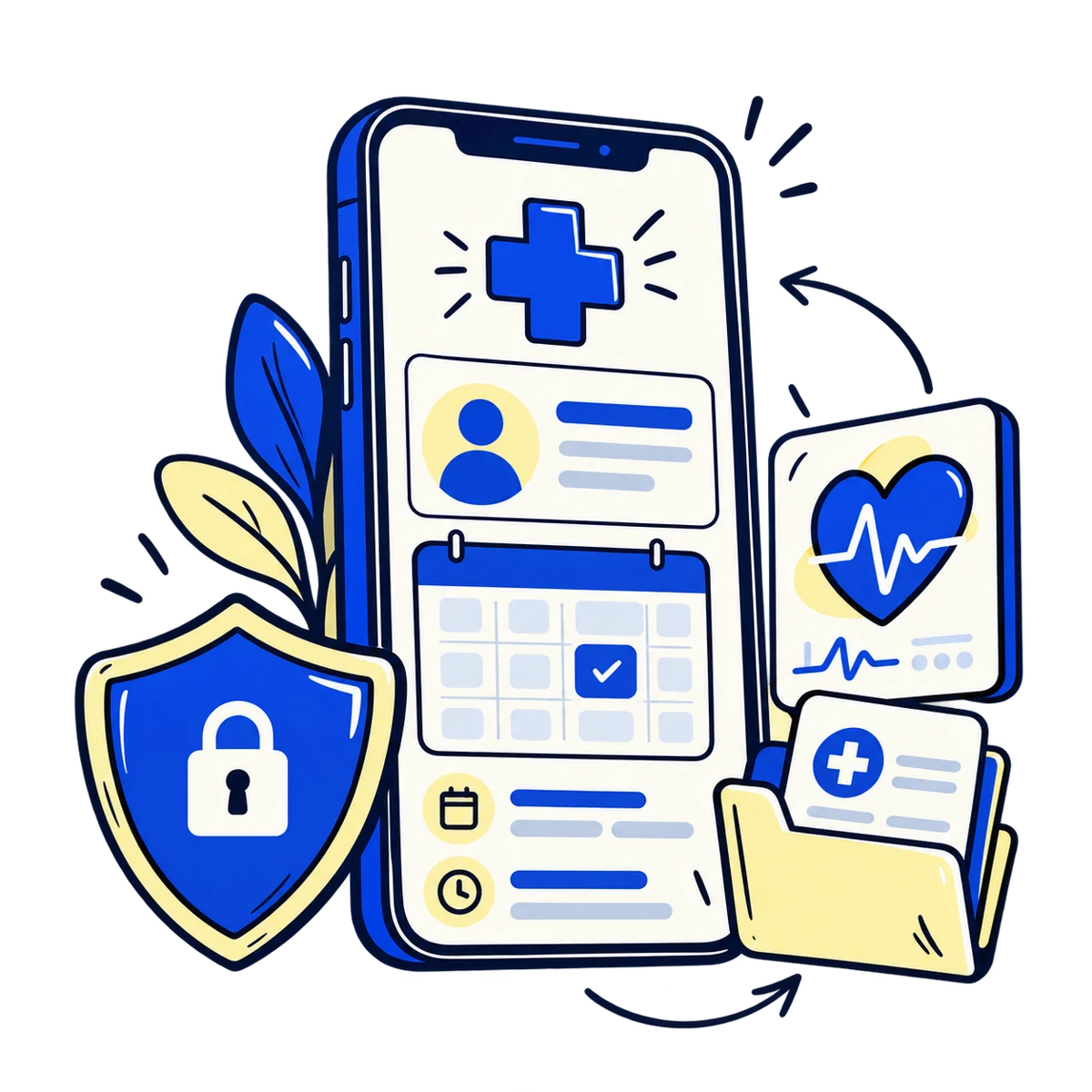 Illustrated health application with patient profile, appointment calendar and protected medical information.