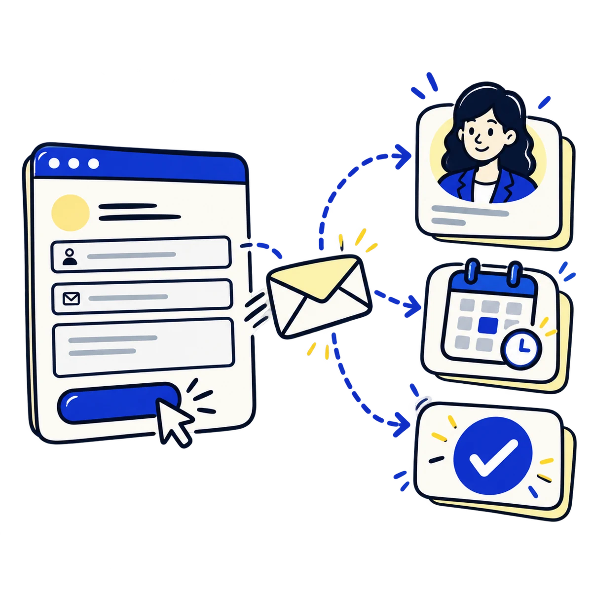Illustrated website enquiry form connected to an assigned contact, follow-up calendar and confirmation.
