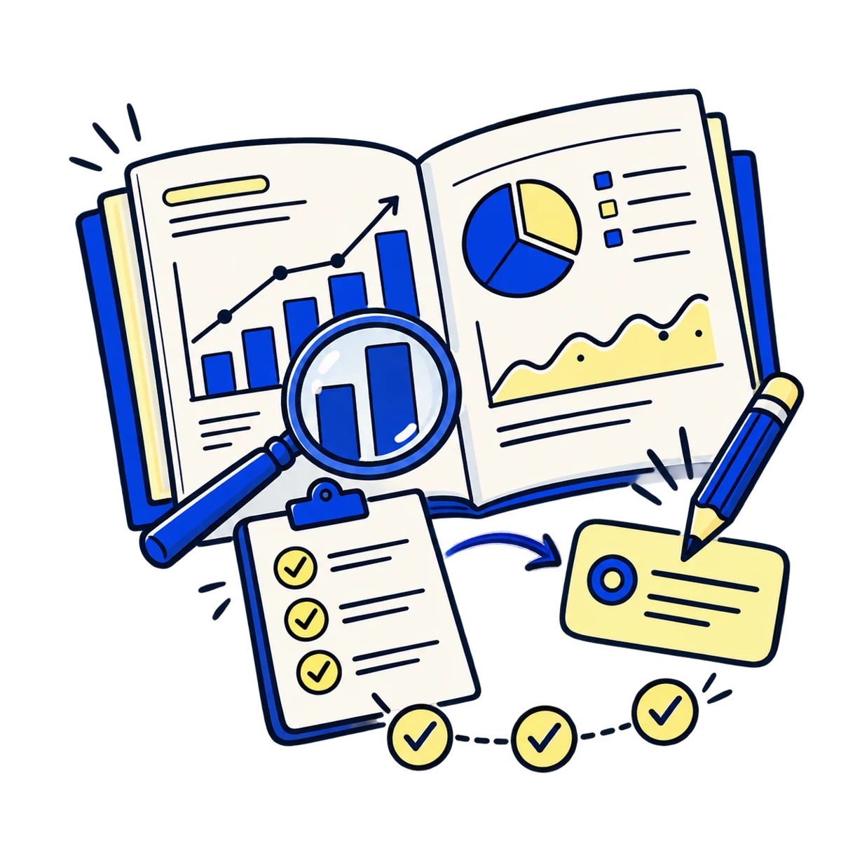 Illustrated performance report with charts, review checklist and a next-action card.