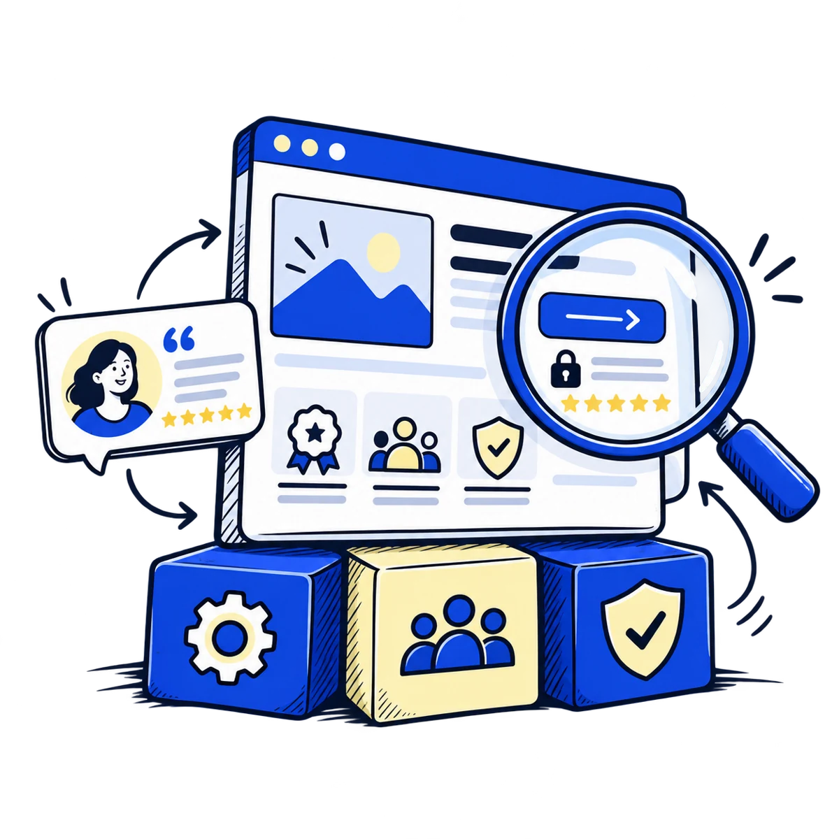 Hand-drawn website trust review showing a page, testimonial, verification shield and enquiry button.