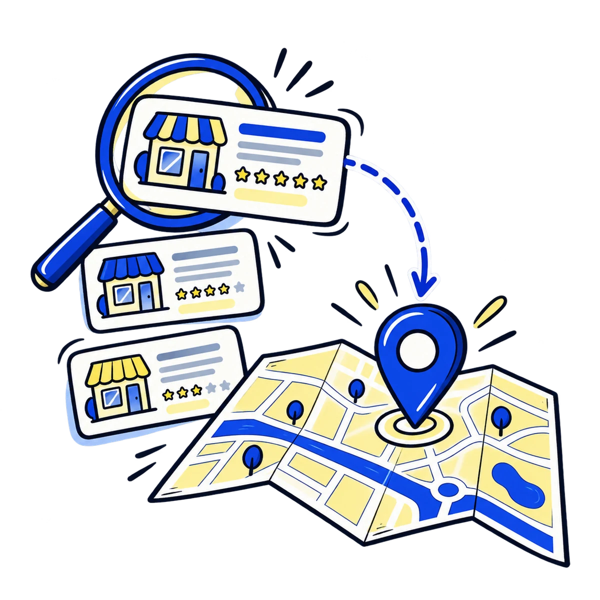 Hand-drawn local search map with a location pin, search listings and magnifying glass.