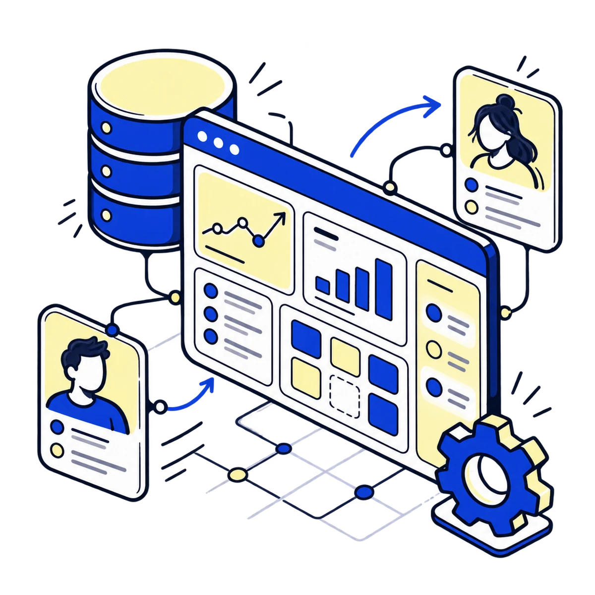 Illustrated web application dashboard connected to a database and team user accounts.