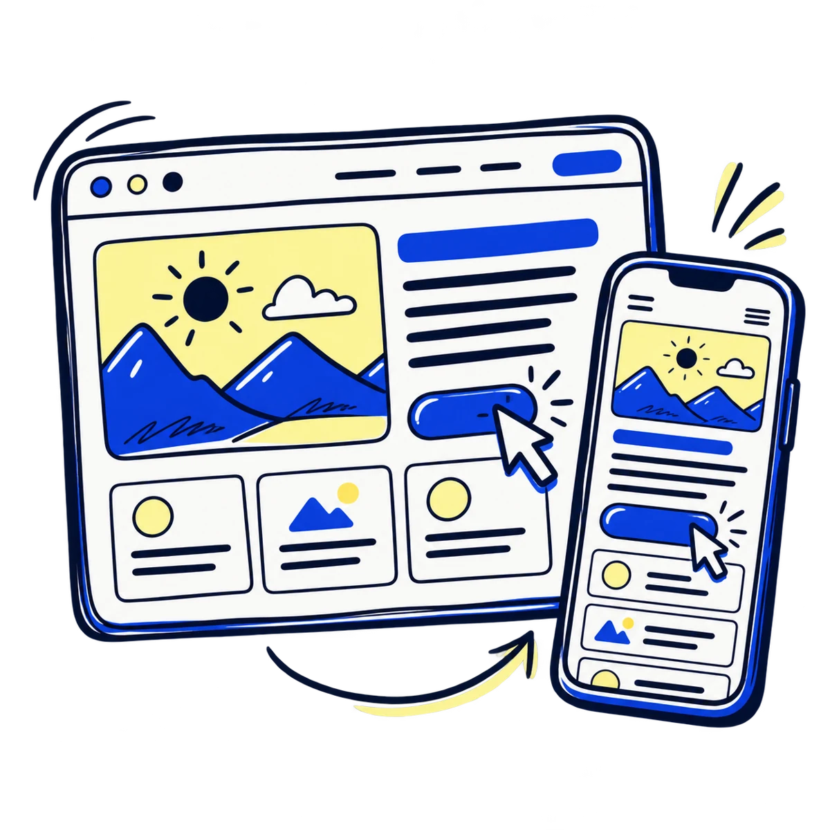 Hand-drawn website layout and matching mobile page with a cursor selecting an enquiry button.