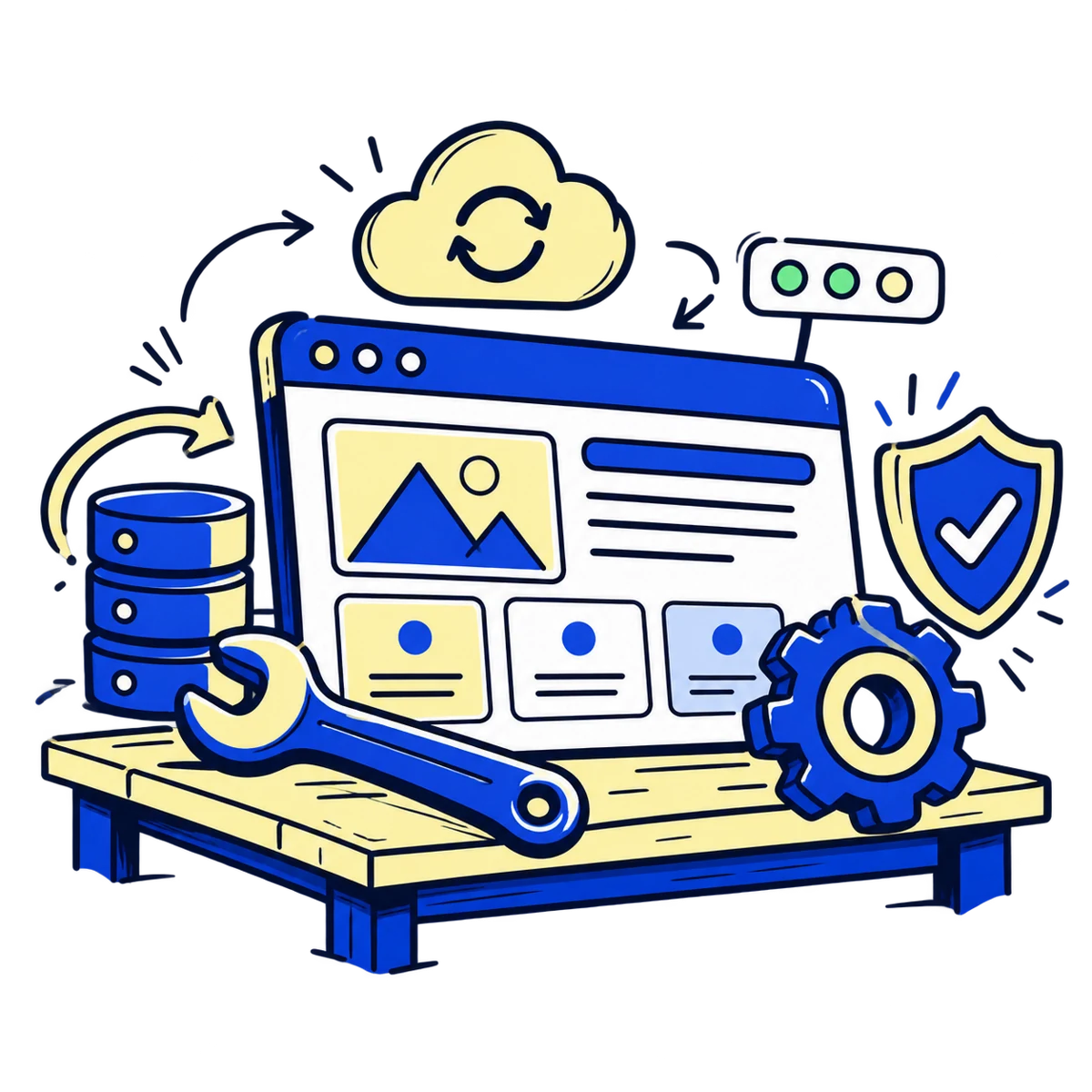 Hand-drawn website maintenance scene with update tools, backups and a security check.