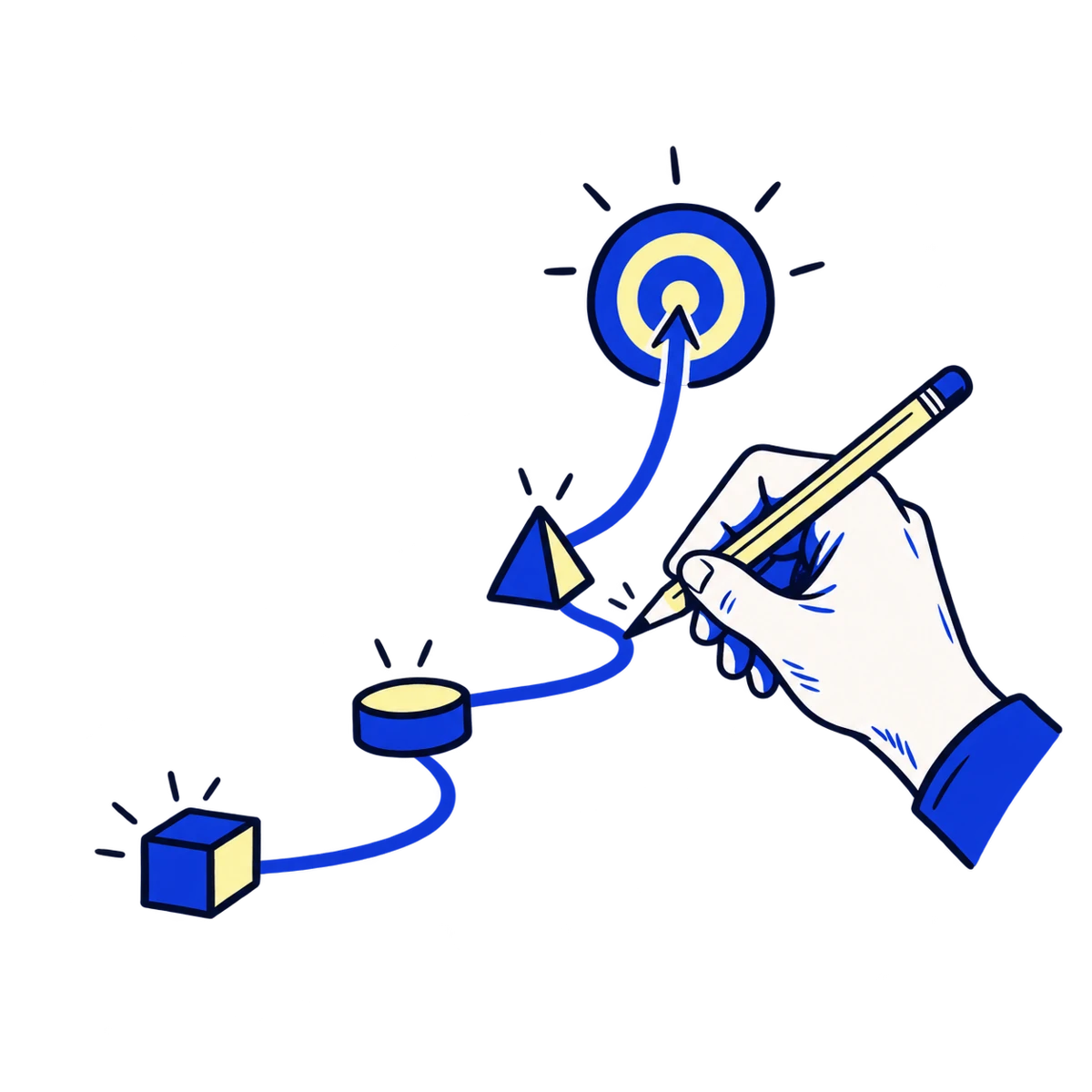 Hand-drawn pencil tracing a plan between three blocks and a target.