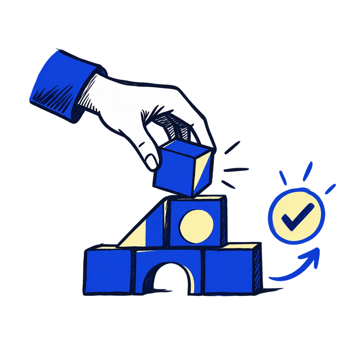 Hand-drawn hand completing a structure beside a checkmark and forward arrow.