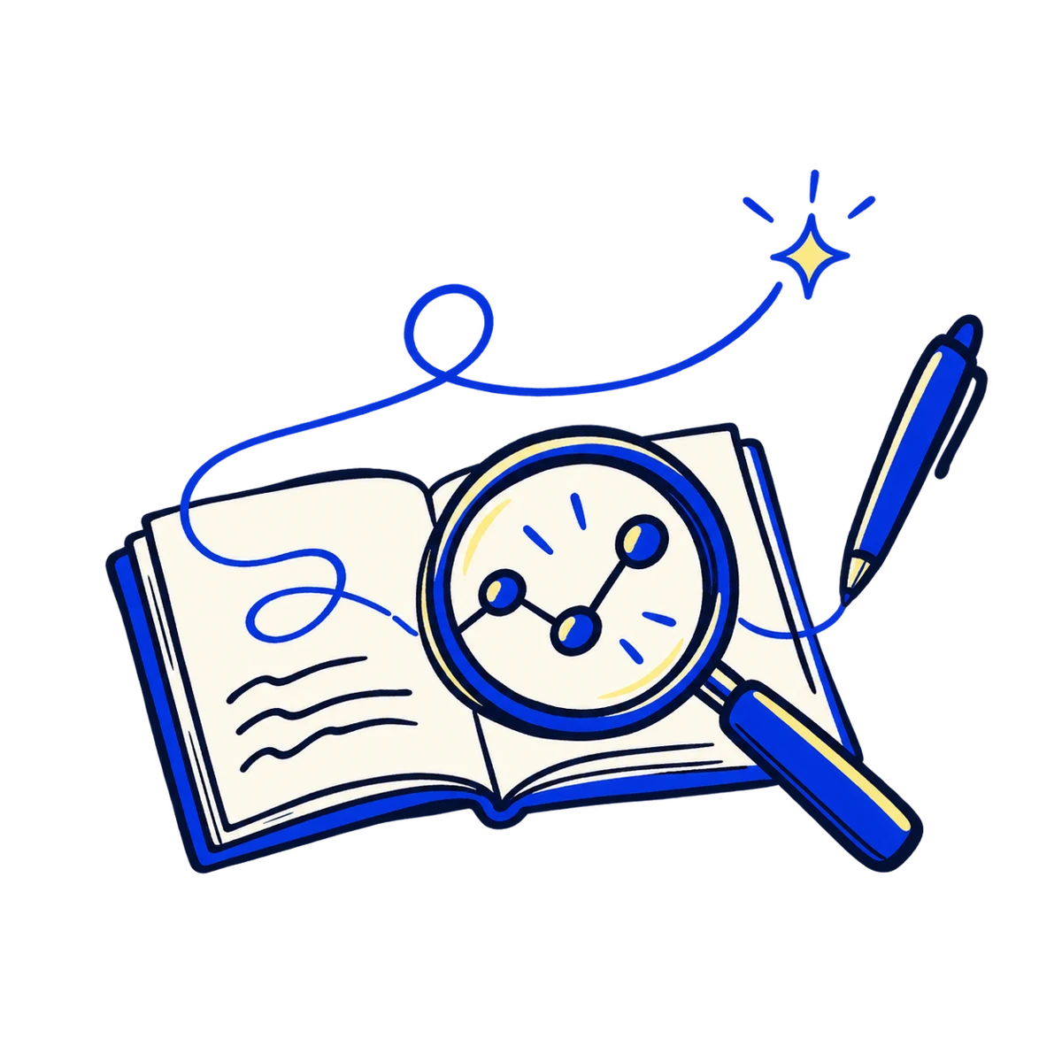 Hand-drawn notebook and magnifying glass exploring connected ideas.