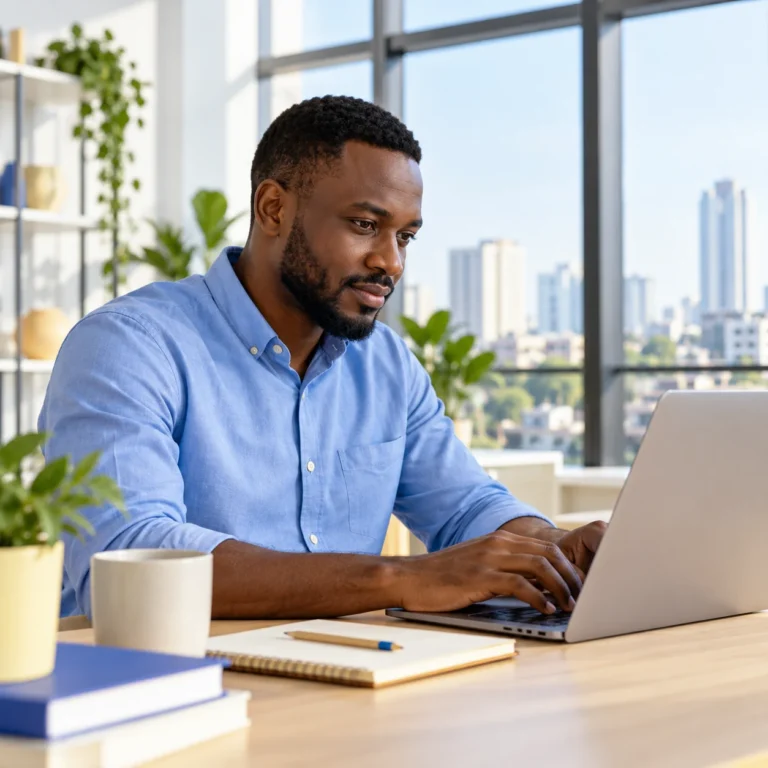 Designer working on a laptop beside a notebook in a bright studio.