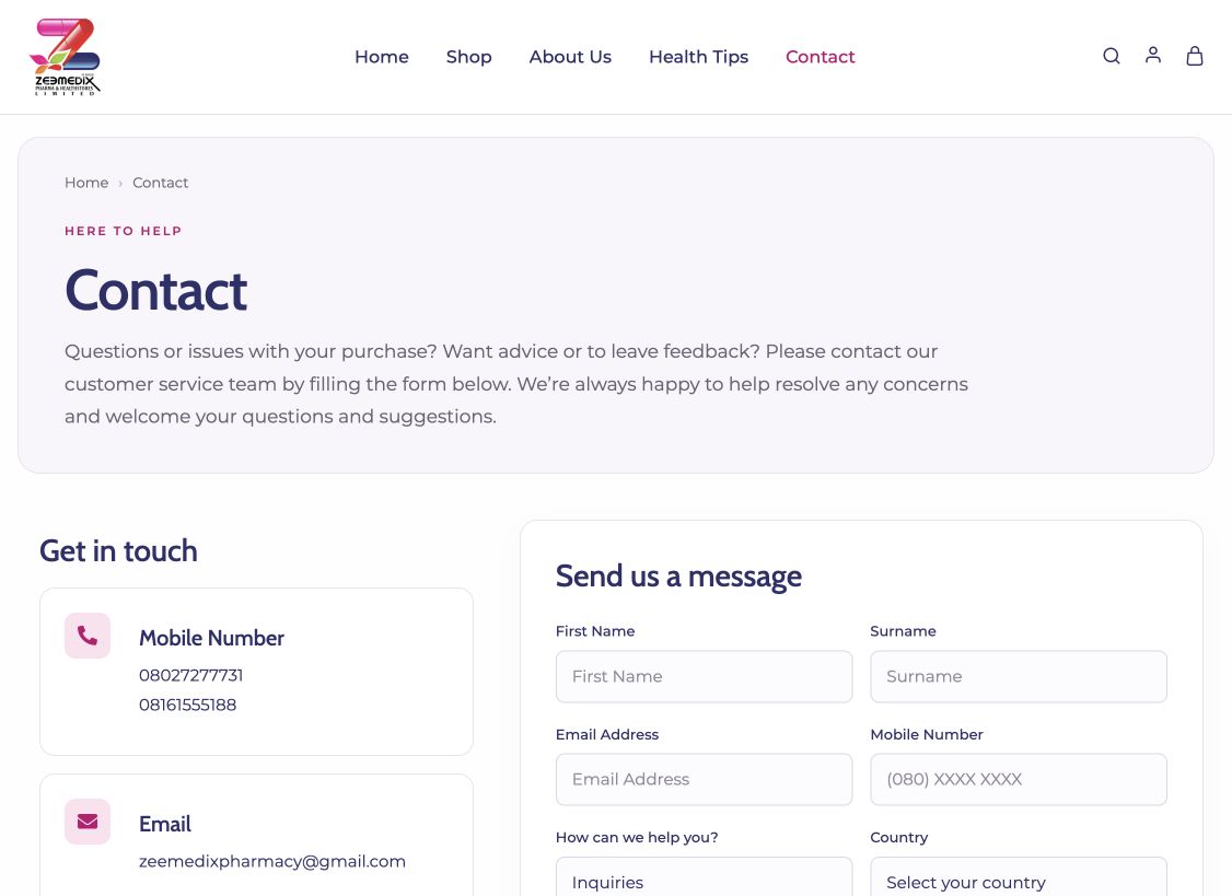 Zeemedix website: Contact & customer enquiries