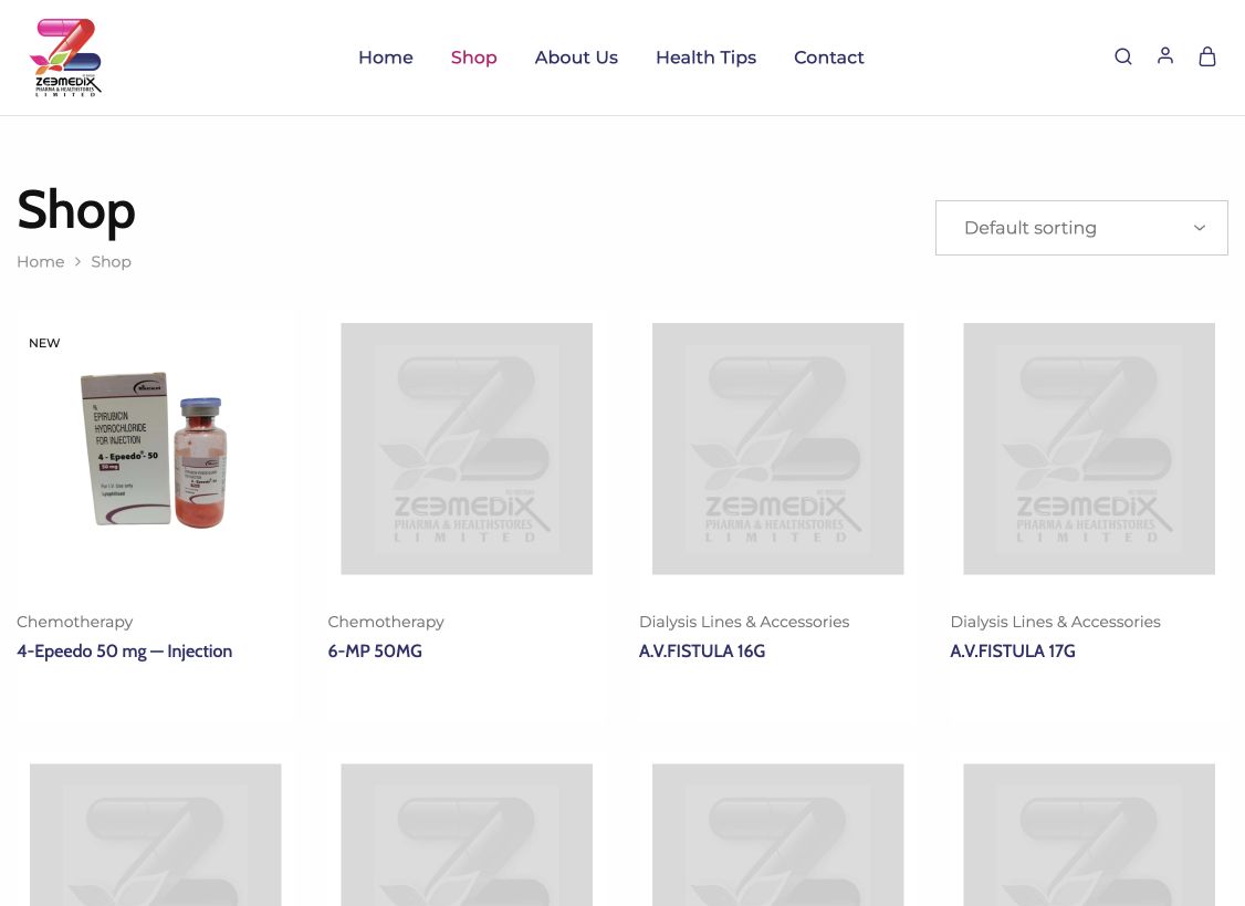 Zeemedix website: Product catalogue